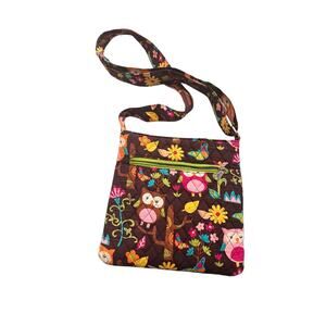 N.Gil Owls Flowers Brown with Green Bow Womens Cross Body Purse with Pockets